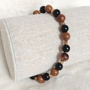 Mens Wood Bead Bracelet Black Gold Tone Round Beaded Wood Stretch Unisex 8 Inch